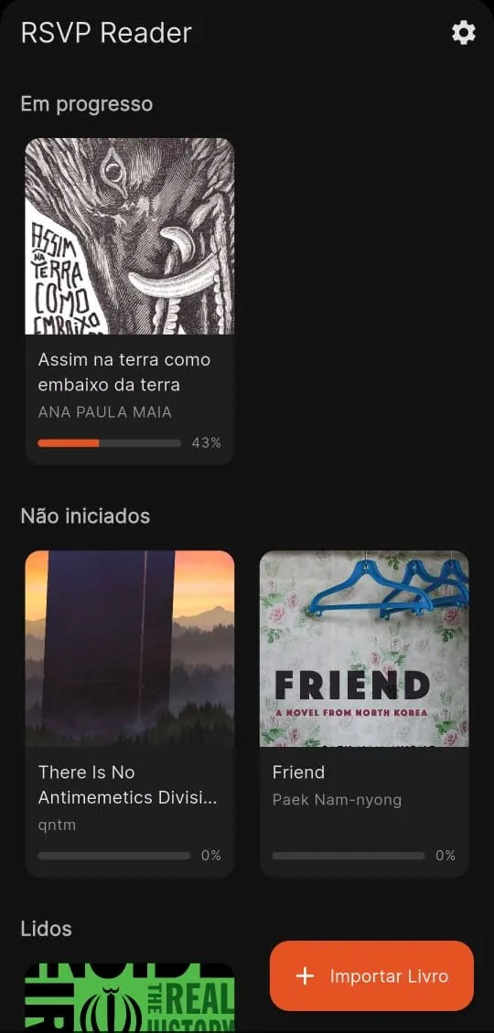 Tela da biblioteca do Ledor