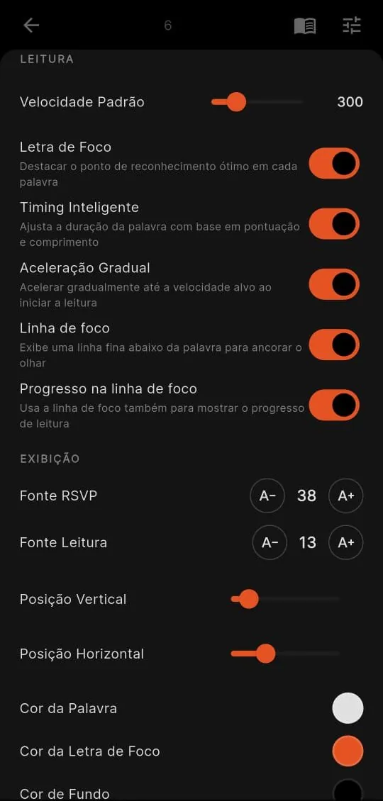 Painel de configurações de exibição